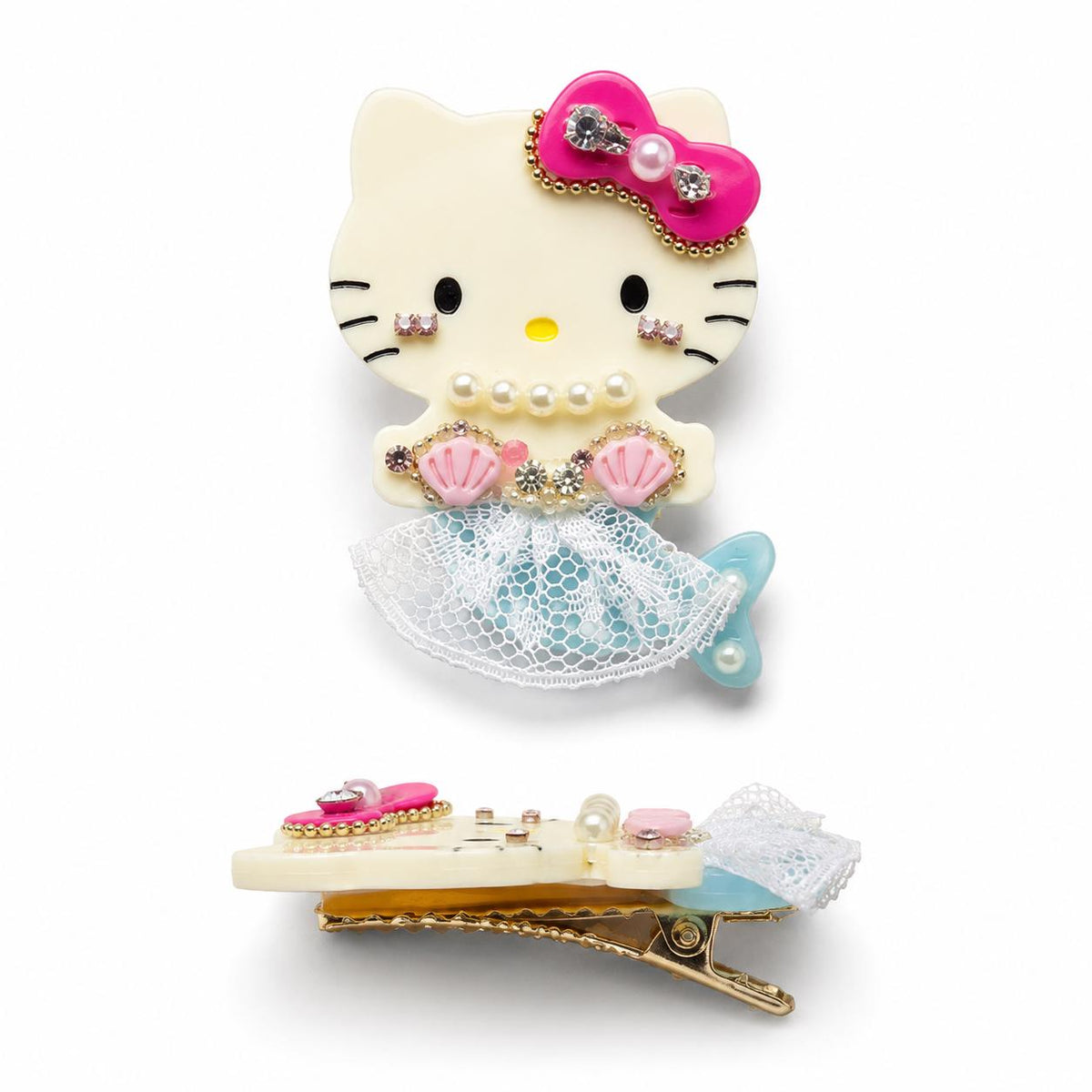 Kawaii Kitten Mermaid Hair Clip, Pink Bow Seashell Barrette, Cute Coquette Hair Accessory, Gift for Her