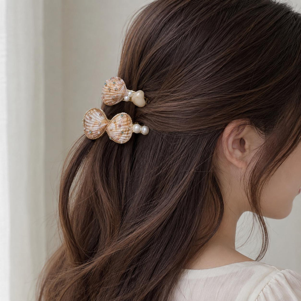 Natural Seashell Hair Clips, Mermaidcore Bow Barrette Set, Coastal Vacation Accessories