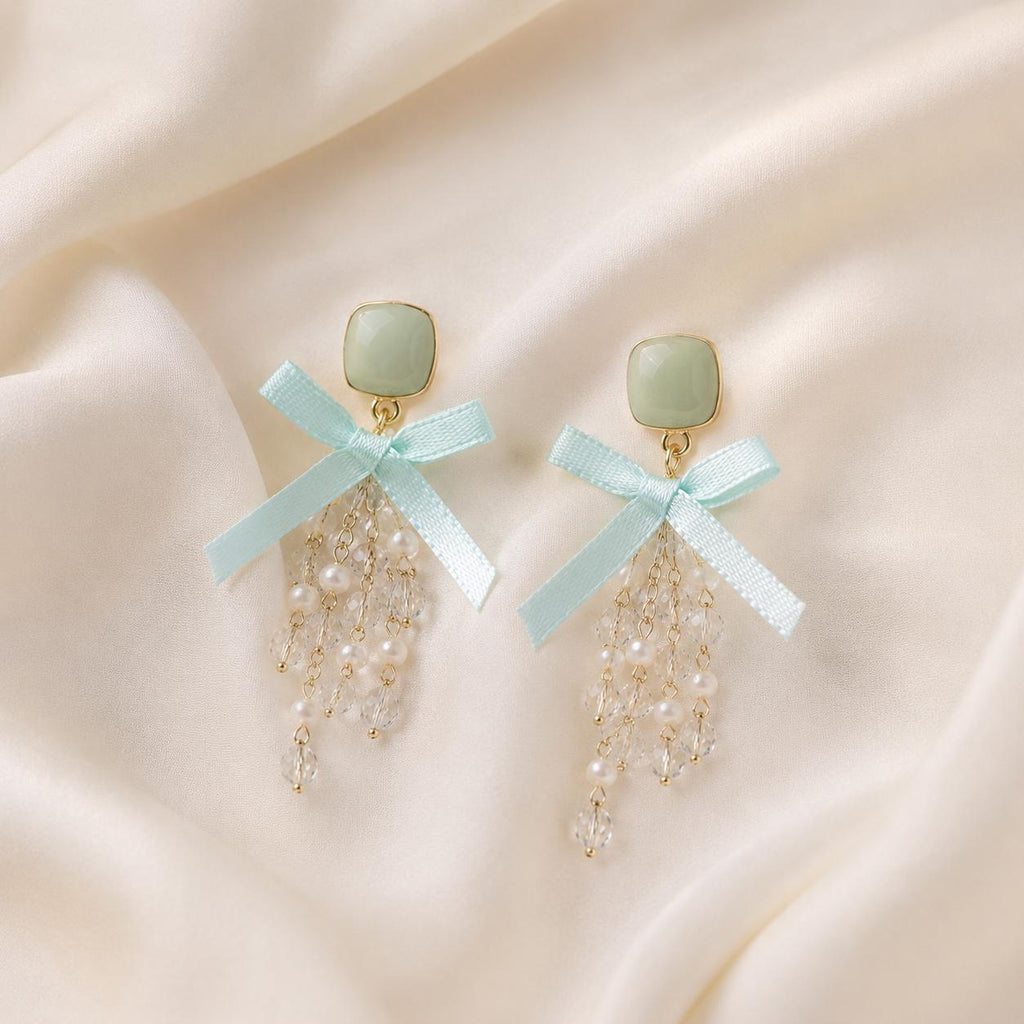 Sage Green Bow Earrings, Mint Tassel Dangle Earrings, Pearl Crystal Square Studs, Coquette Statement Jewelry, Gift for Her