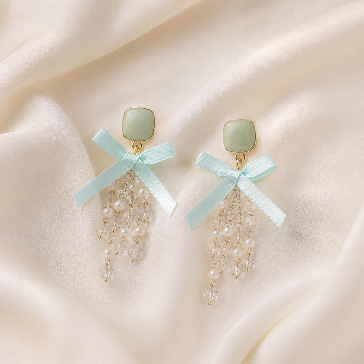 Sage Green Bow Earrings, Mint Tassel Dangle Earrings, Pearl Crystal Square Studs, Coquette Statement Jewelry, Gift for Her