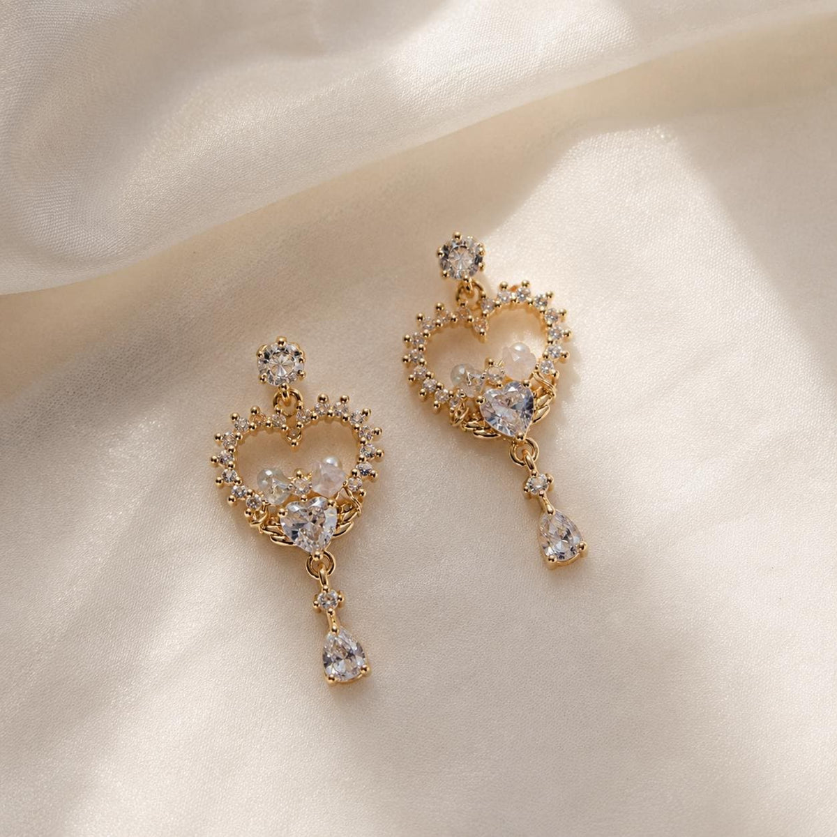 Double Heart Crystal Earrings, Romantic French Coquette Dangles, Sparkling Heart Jewelry, Gift for Her