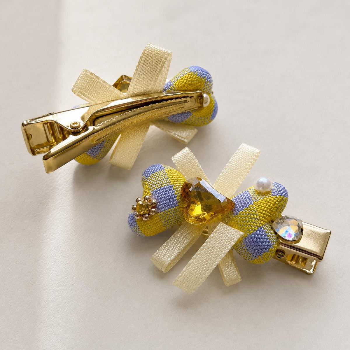 Pastel Gingham Bow Hair Clips Set of 2, Yellow Purple Plaid Barrettes, Crystal Heart Alligator Clips, Gift for Her