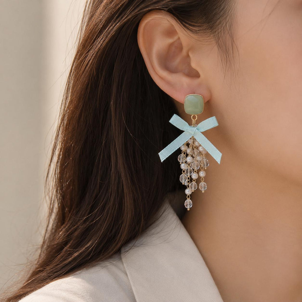 Sage Green Bow Earrings, Mint Tassel Dangle Earrings, Pearl Crystal Square Studs, Coquette Statement Jewelry, Gift for Her