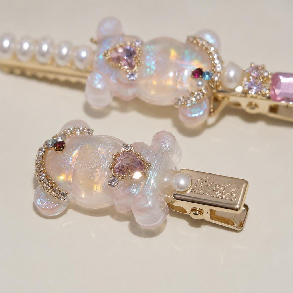 Aurora Teddy Bear Clips, Iridescent Gummy Bear Barrette Set, Pearl Pink Crystal Alligator Pinch, Whimsical Kawaii Coquette Hair Accessories