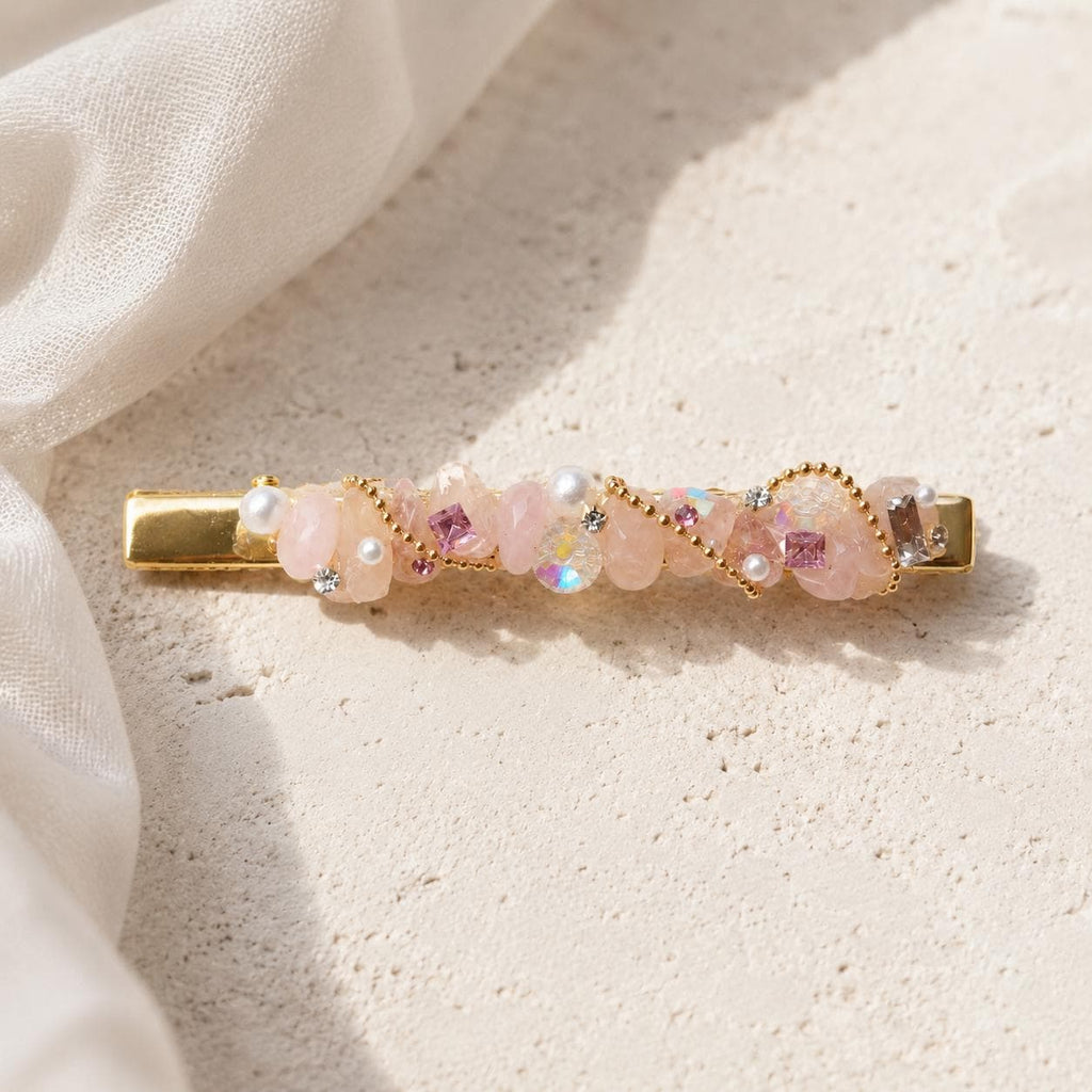 Pink Crystal Stone Hair Clip, Gold Wave Barrette, Fairycore Coquette Hair Accessory, Gift for Her