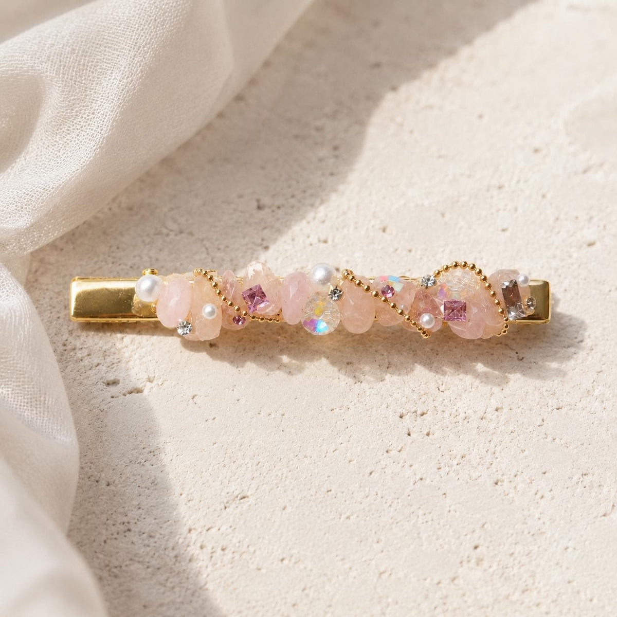 Pink Crystal Stone Hair Clip, Gold Wave Barrette, Fairycore Coquette Hair Accessory, Gift for Her