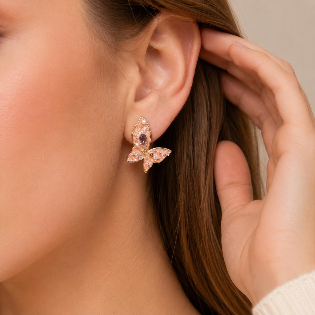 Gold Pink Butterfly Stud Earrings, Crystal Pearl Earrings, Korean Fairycore Jewelry, Whimsical Butterfly Gift for Her