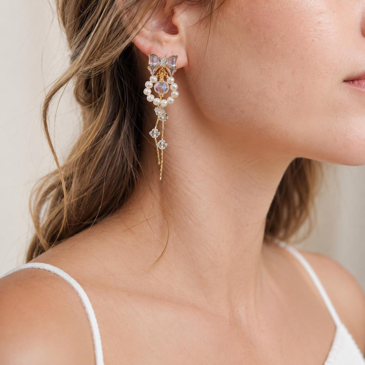 Pearl Bowknot Tassel Earrings, Aurora Crystal Dangle, French Balletcore Ribbon Jewelry