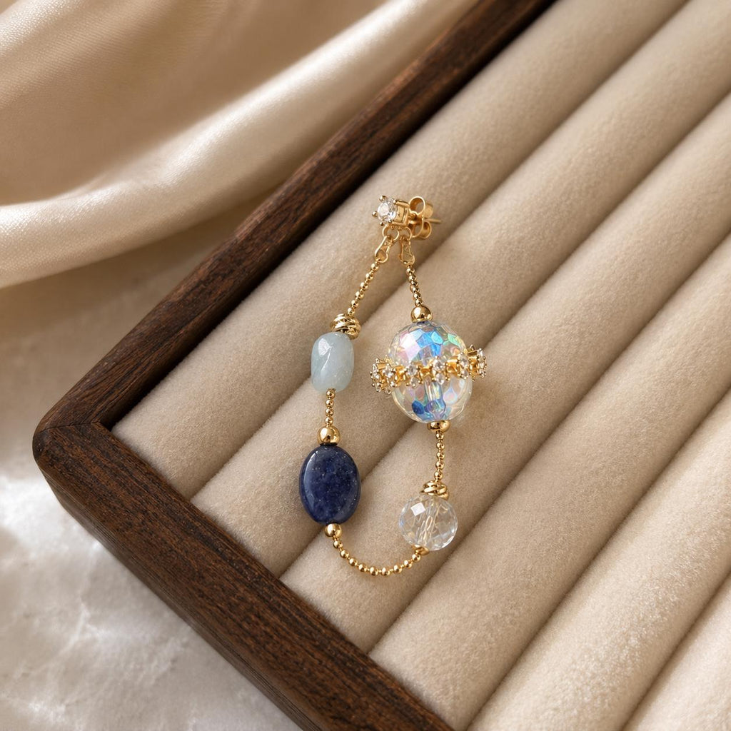 Iridescent Blue Dangle Earrings, Gold Butterfly Chain Earrings, Fairycore Crystal Drop Earrings, Handmade Beaded Jewelry Gift for Her