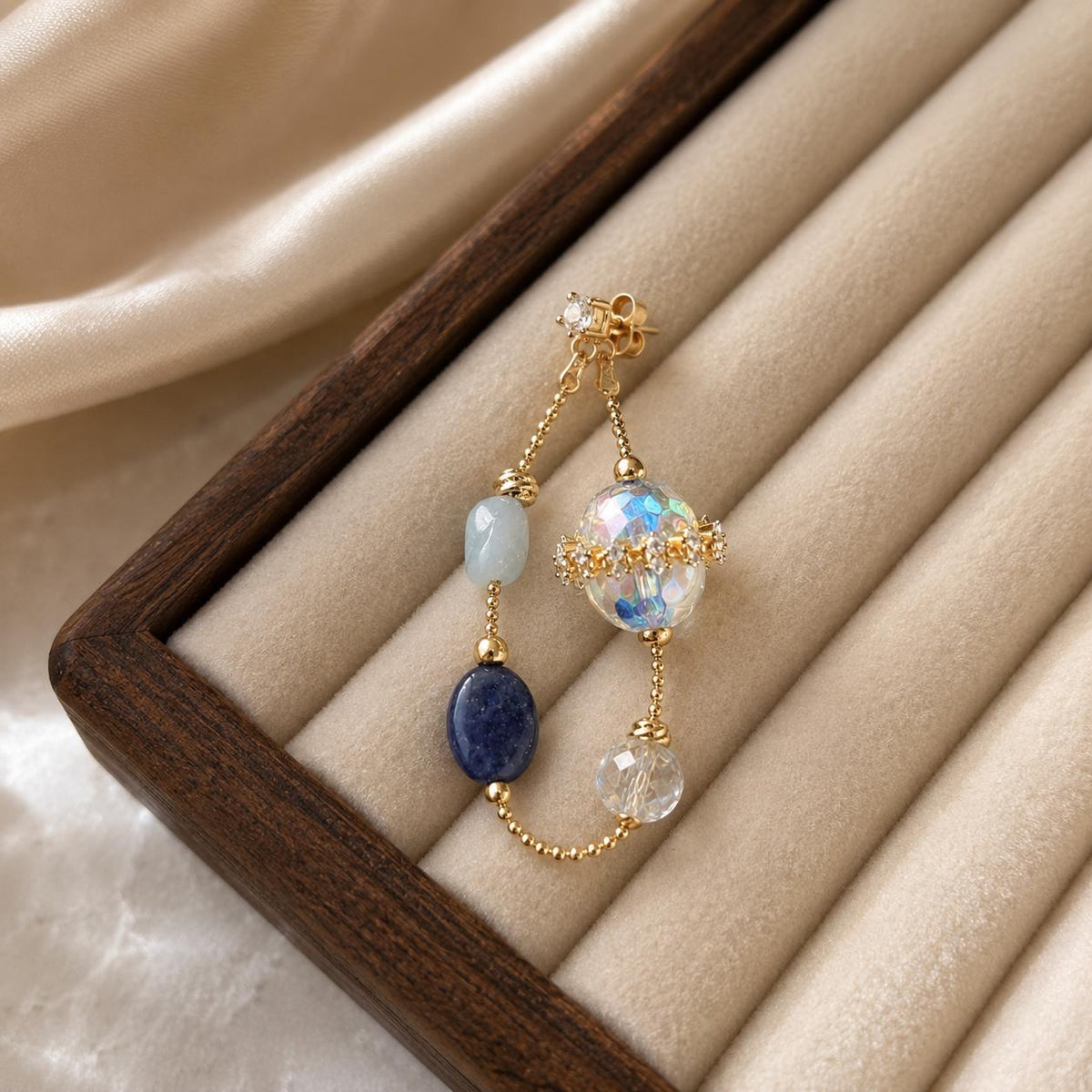 Iridescent Blue Dangle Earrings, Gold Butterfly Chain Earrings, Fairycore Crystal Drop Earrings, Handmade Beaded Jewelry Gift for Her