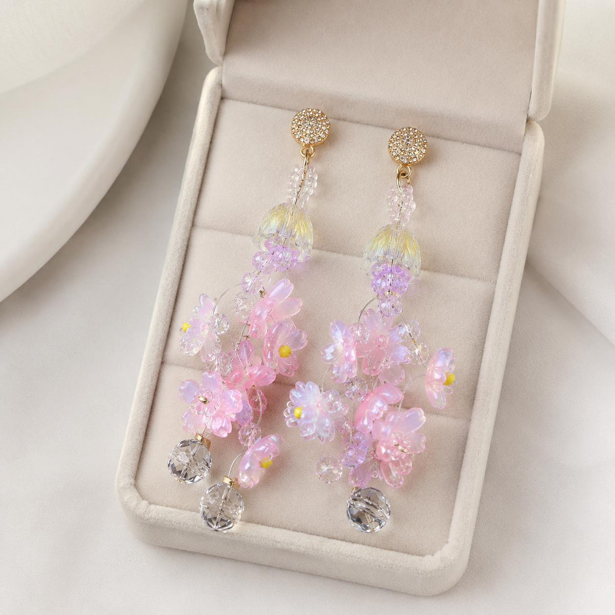 Pink Sakura Flower Dangle Earrings, 3D Acrylic Cherry Blossom Earrings, Fairycore Crystal Statement Earrings, Gift for Her