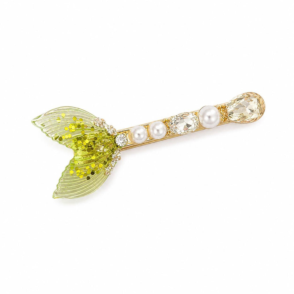 Lime Green Mermaid Tail Hair Clip, Glitter Fish Tail Barrette, Chrysolite Crystal Alligator Pinch, Whimsical Coastal Ocean Jewelry