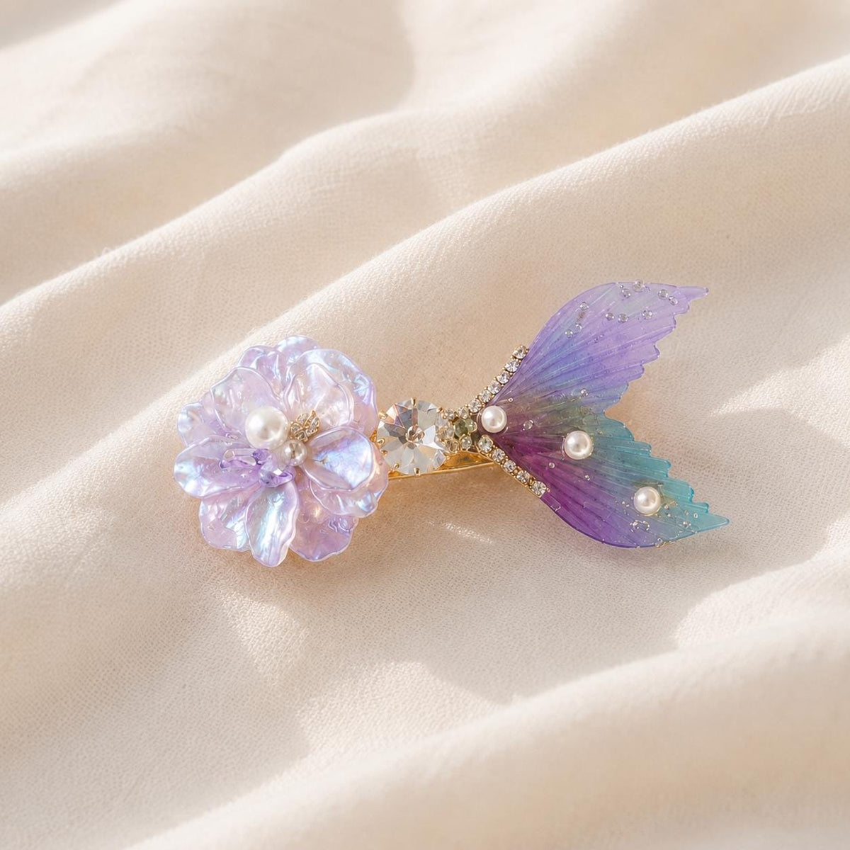 Purple Mermaid Tail Hair Clip, Flower Fish Tail Barrette, Iridescent Pearl Alligator Pinch, Whimsical Pastel Coastal Ocean Hair Accessories