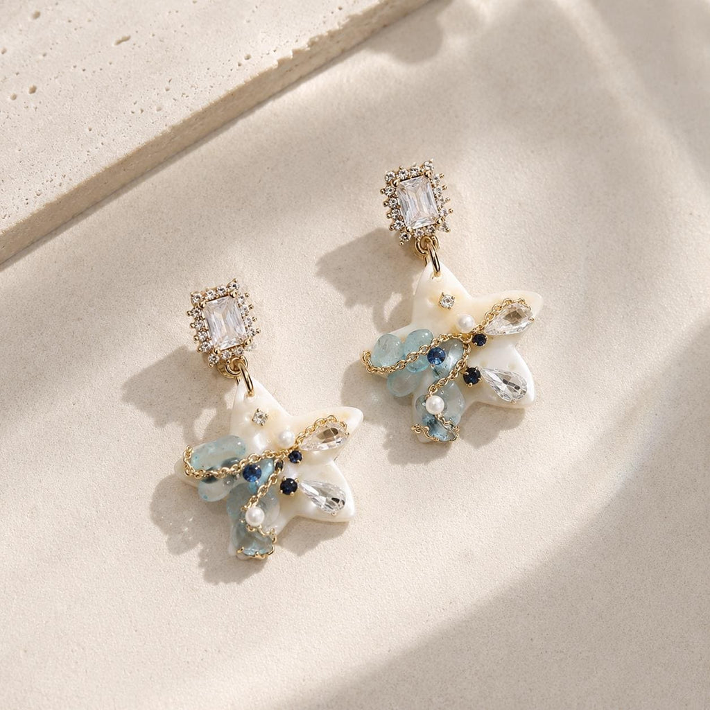 Starfish Pearl Drop Earrings, Emerald Crystal Stud Earrings, Aquamarine Ocean Inspired Jewelry, Beach Gift for Her