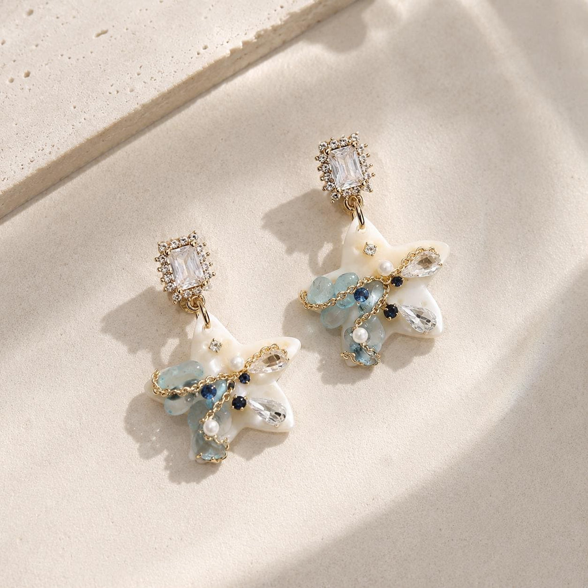 Starfish Pearl Drop Earrings, Emerald Crystal Stud Earrings, Aquamarine Ocean Inspired Jewelry, Beach Gift for Her
