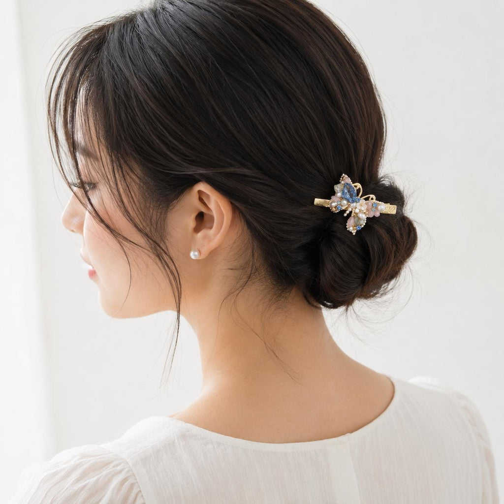 Blue Crystal Butterfly Hair Clip, Pastel Floral Fairycore Barrette, Whimsical Elven Accessory