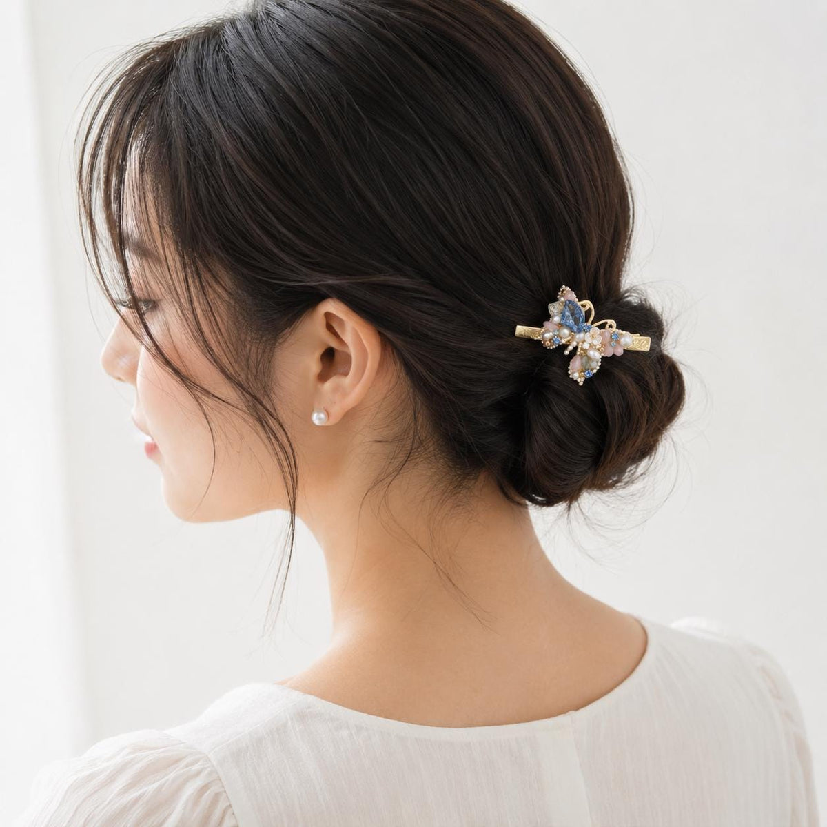 Blue Crystal Butterfly Hair Clip, Pastel Floral Fairycore Barrette, Whimsical Elven Accessory
