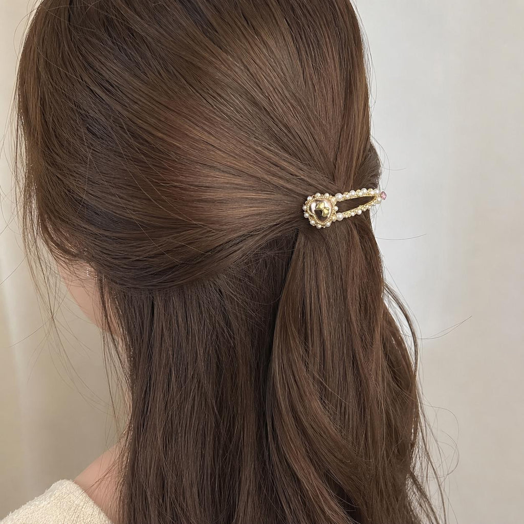 Pearl Heart Bow Hair Clip, Gold Baroque Crystal Barrette, Pink Seashell Snap Clip, Coquette Hair Accessory, Gift for Her