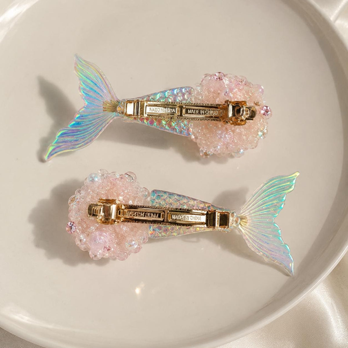 Pink Mermaid Tail Clips, Iridescent Fish Tail Barrette Set, Beaded Pearl Alligator Pinch, Whimsical Coastal Ocean Vacation Accessories