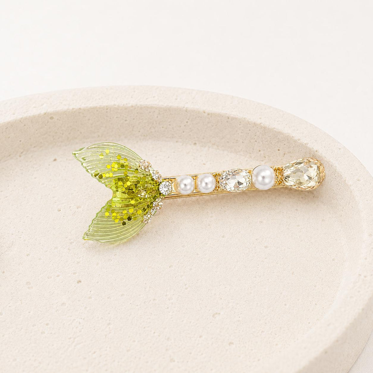 Lime Green Mermaid Tail Hair Clip, Glitter Fish Tail Barrette, Chrysolite Crystal Alligator Pinch, Whimsical Coastal Ocean Jewelry