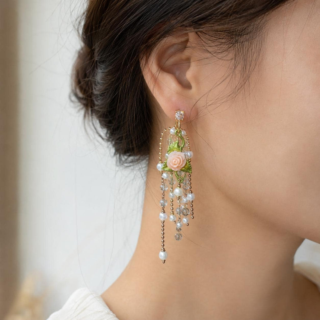 Pink Rose Flower Chandelier Earrings, Pearl Tassel Dangle Earrings, Victorian Garden Statement Jewelry, Romantic Gift for Her