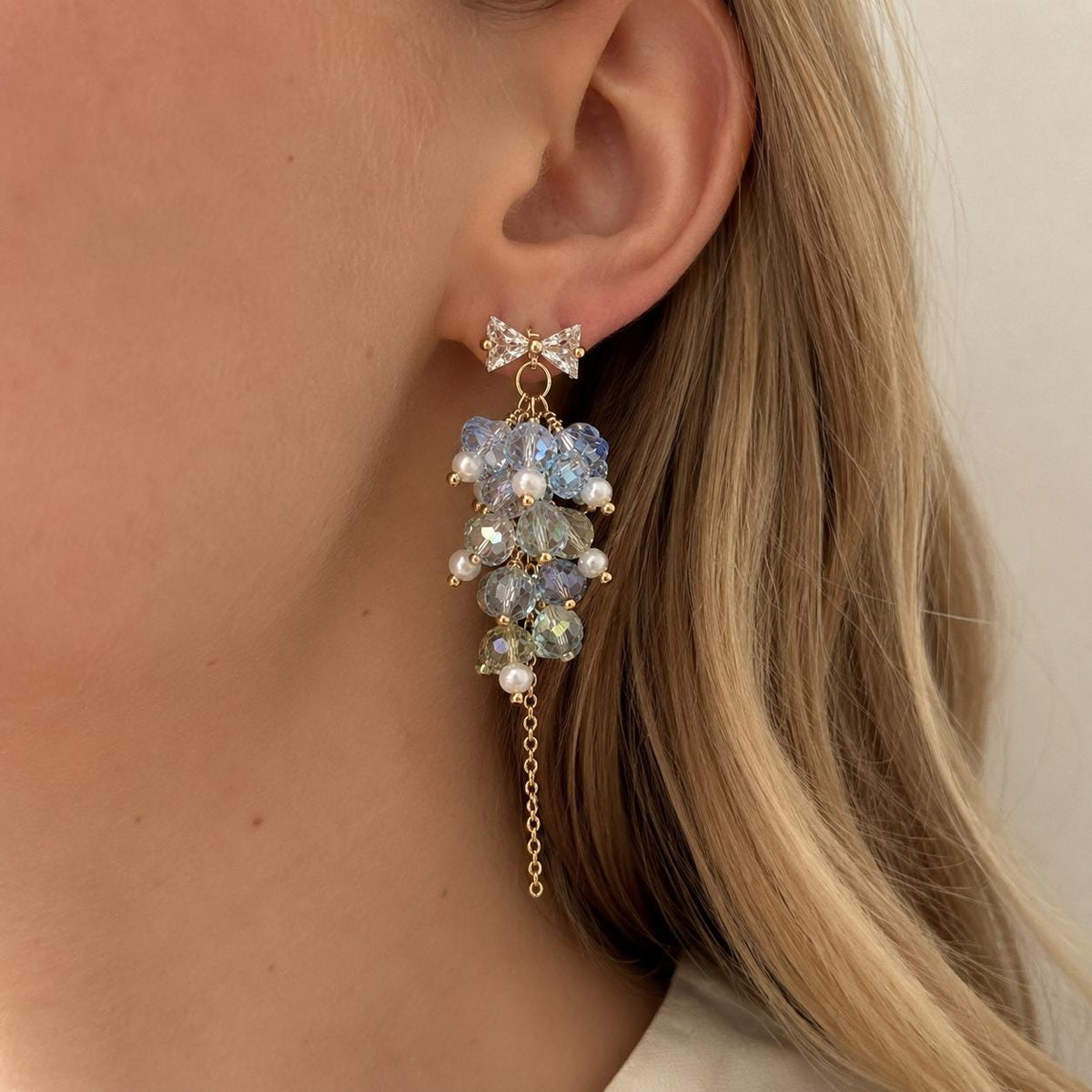 Light Blue Crystal Cluster Earrings, Rhinestone Bowknot Studs, Pearl Tassel Jewelry