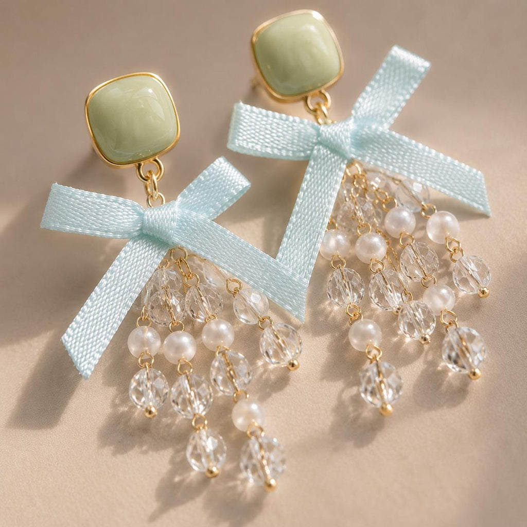Sage Green Bow Earrings, Mint Tassel Dangle Earrings, Pearl Crystal Square Studs, Coquette Statement Jewelry, Gift for Her