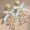 Sage Green Bow Earrings, Mint Tassel Dangle Earrings, Pearl Crystal Square Studs, Coquette Statement Jewelry, Gift for Her