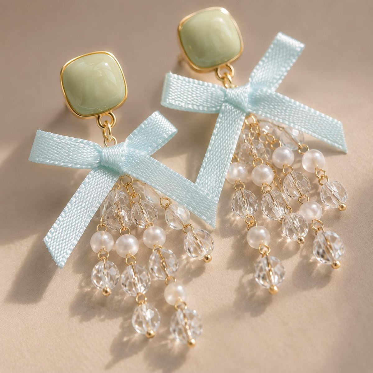Sage Green Bow Earrings, Mint Tassel Dangle Earrings, Pearl Crystal Square Studs, Coquette Statement Jewelry, Gift for Her