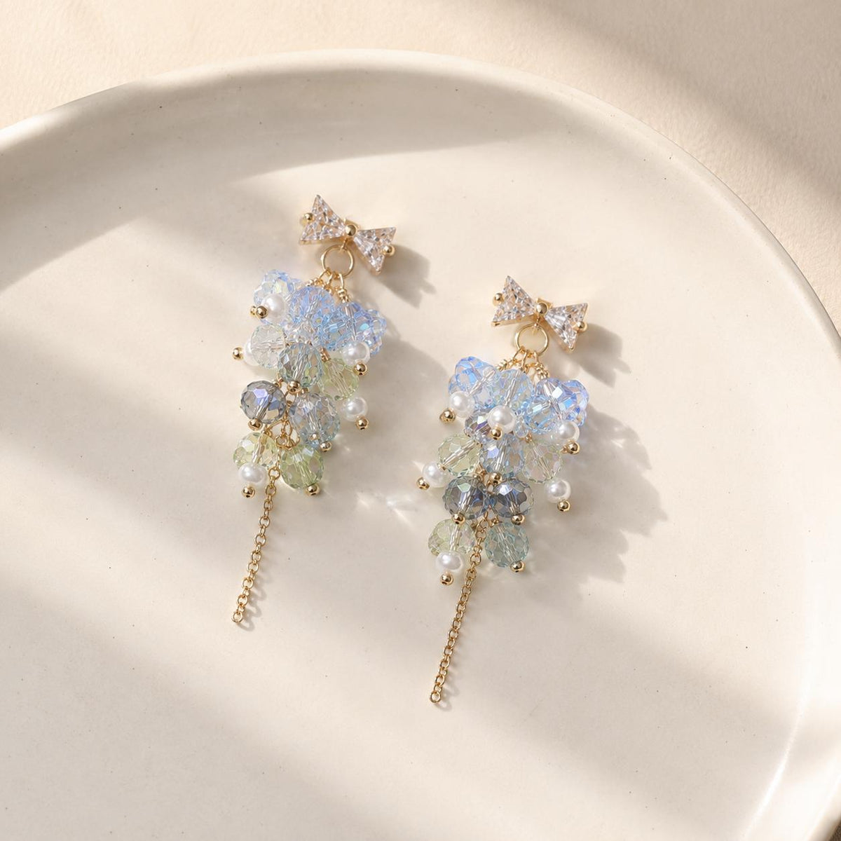 Light Blue Crystal Cluster Earrings, Rhinestone Bowknot Studs, Pearl Tassel Jewelry