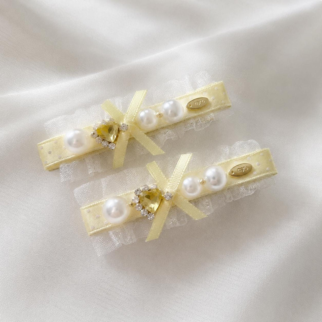 Yellow Lolita Bow Hair Clips, Pastel Lace Barrette Set, Crystal Heart Pearl Alligator Clips, Balletcore Hair Accessories, Gift for Her