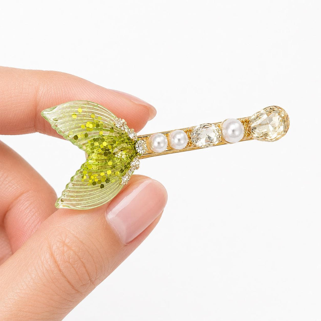Lime Green Mermaid Tail Hair Clip, Glitter Fish Tail Barrette, Chrysolite Crystal Alligator Pinch, Whimsical Coastal Ocean Jewelry