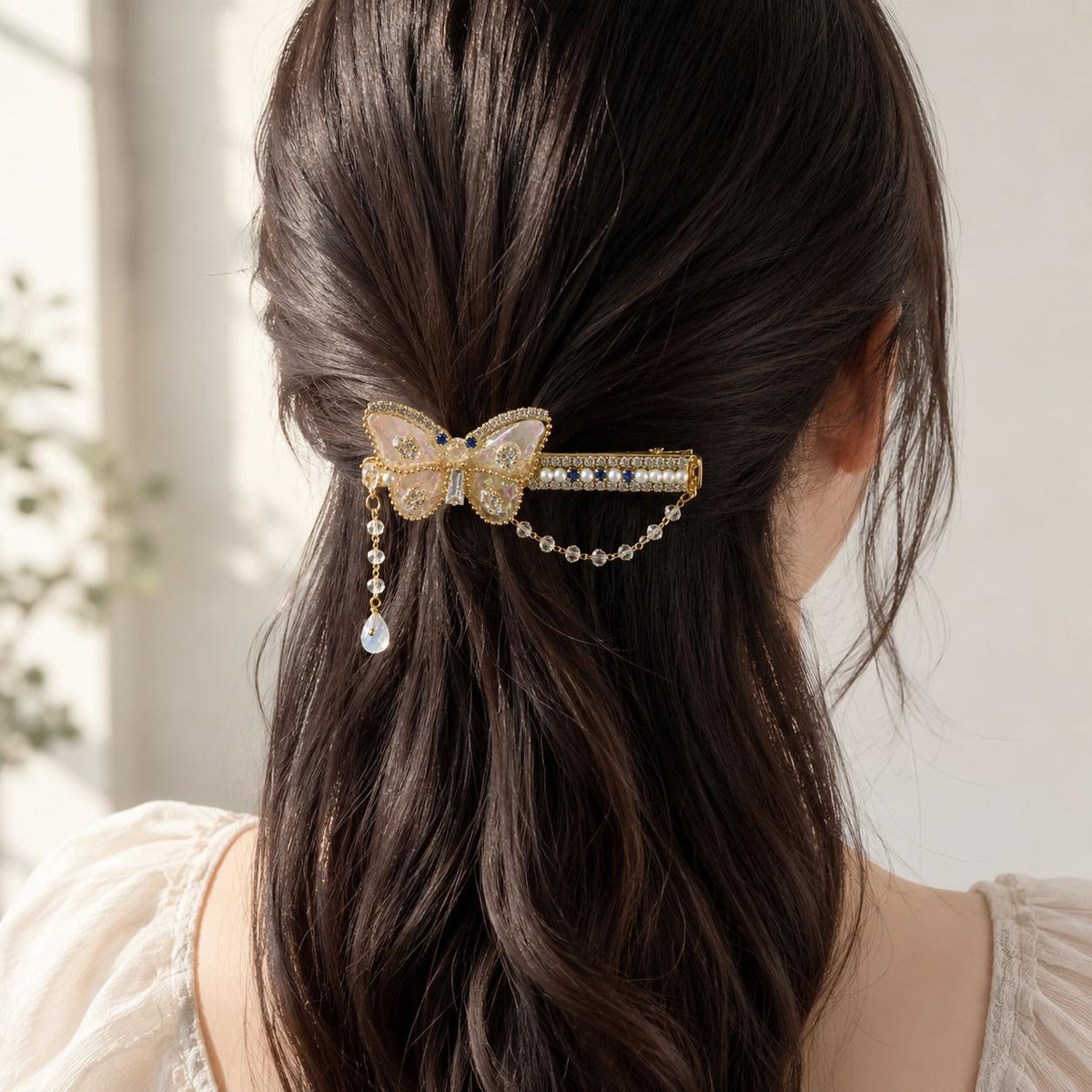 Aurora Butterfly Hair Clip, Royal Blue Crystal Barrette, Pearl Chain Fairycore Hair Accessory, Gift for Her