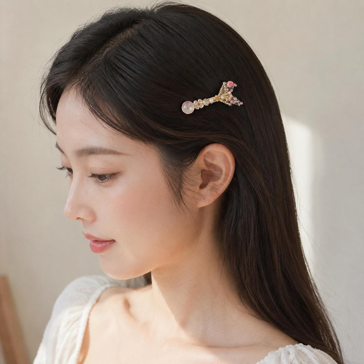 Mermaid Tail Hair Clip, Pink Rose Crystal Barrette, Aurora Coquette Hair Accessory, Cute Gift for Her