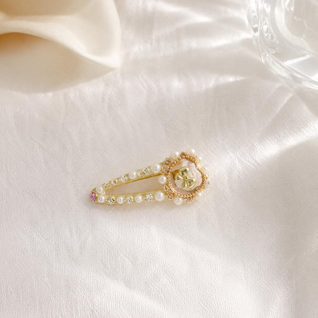 Pearl Heart Bow Hair Clip, Gold Baroque Crystal Barrette, Pink Seashell Snap Clip, Coquette Hair Accessory, Gift for Her