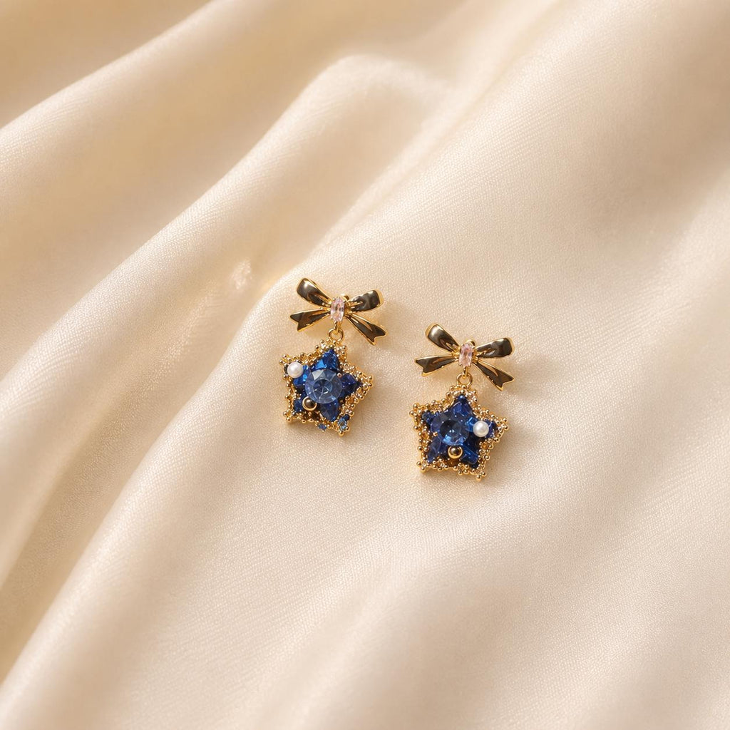 Black Bowknot Star Earrings, Royal Blue Crystal Dangle, Vintage Gold Starburst Statement Studs