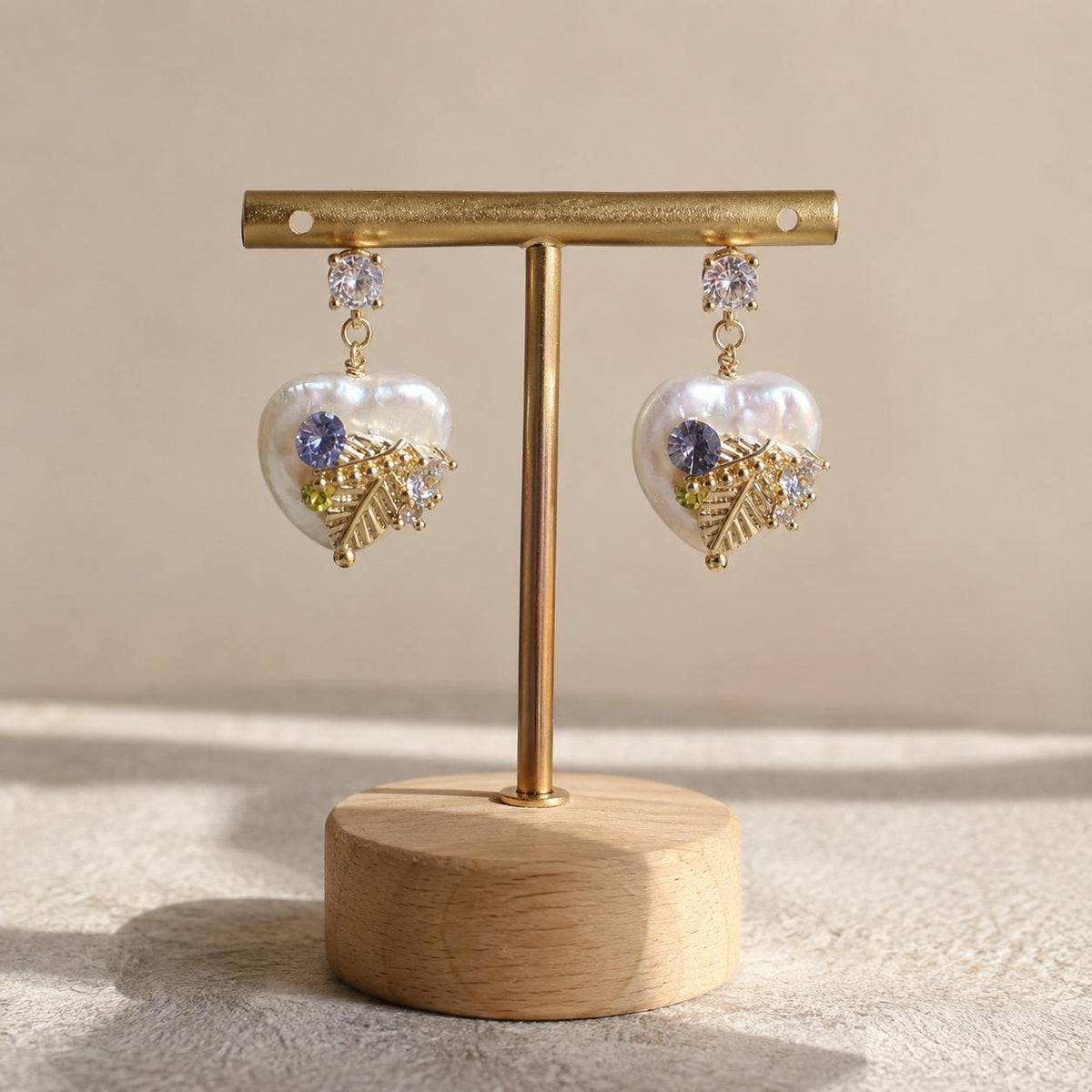 Baroque Pearl Heart Earrings, Gold Leaf Dangle Earrings, Lilac Crystal Stud Earrings, Botanical Statement Jewelry, Gift for Her