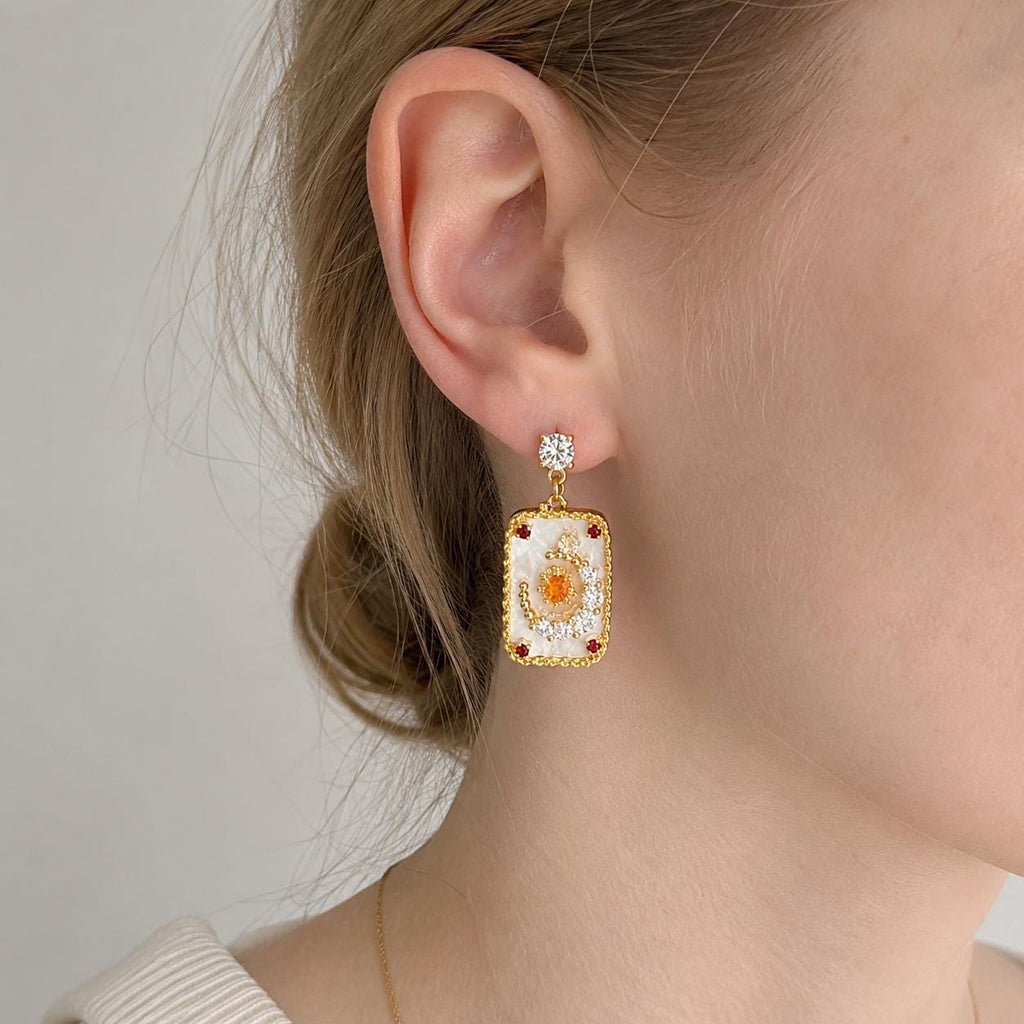 Amber Yellow Mismatched Sun Moon Earrings, Pearl Celestial Dangle Earrings, Baroque Vintage Intaglio Jewelry, Gift for Her