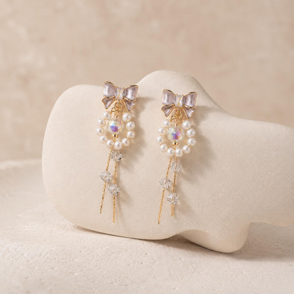 Pearl Bowknot Tassel Earrings, Aurora Crystal Dangle, French Balletcore Ribbon Jewelry