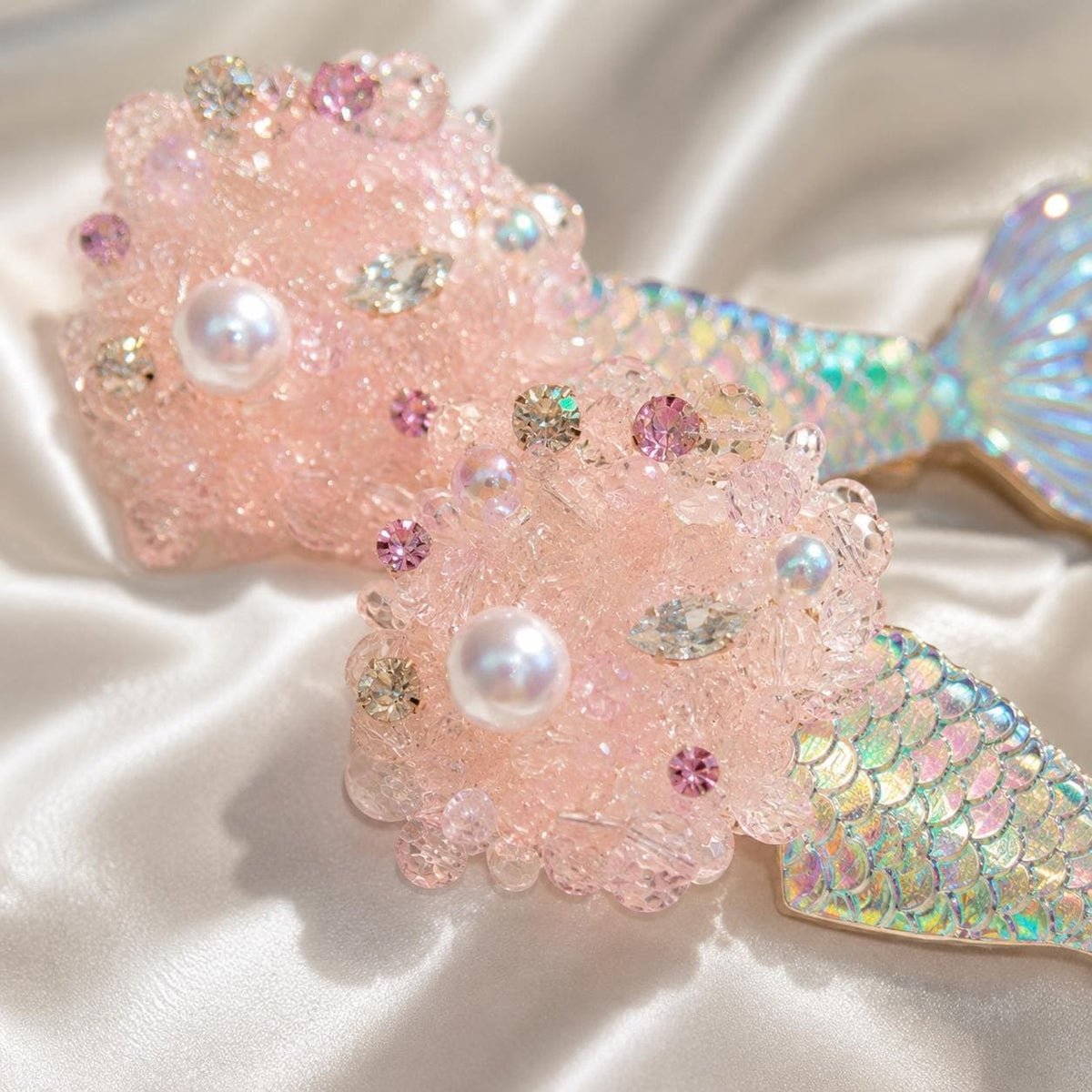 Pink Mermaid Tail Clips, Iridescent Fish Tail Barrette Set, Beaded Pearl Alligator Pinch, Whimsical Coastal Ocean Vacation Accessories