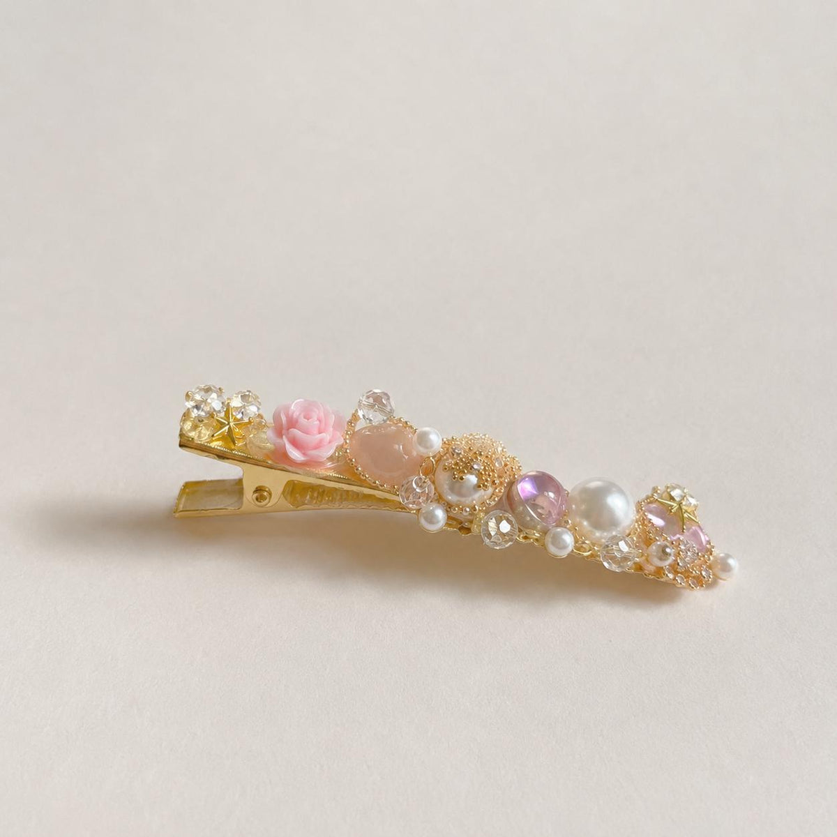 Gold Floral Pearl Hair Clip, Pink Rose Crystal Barrette, Romantic Coquette Hair Accessory, Gift for Her