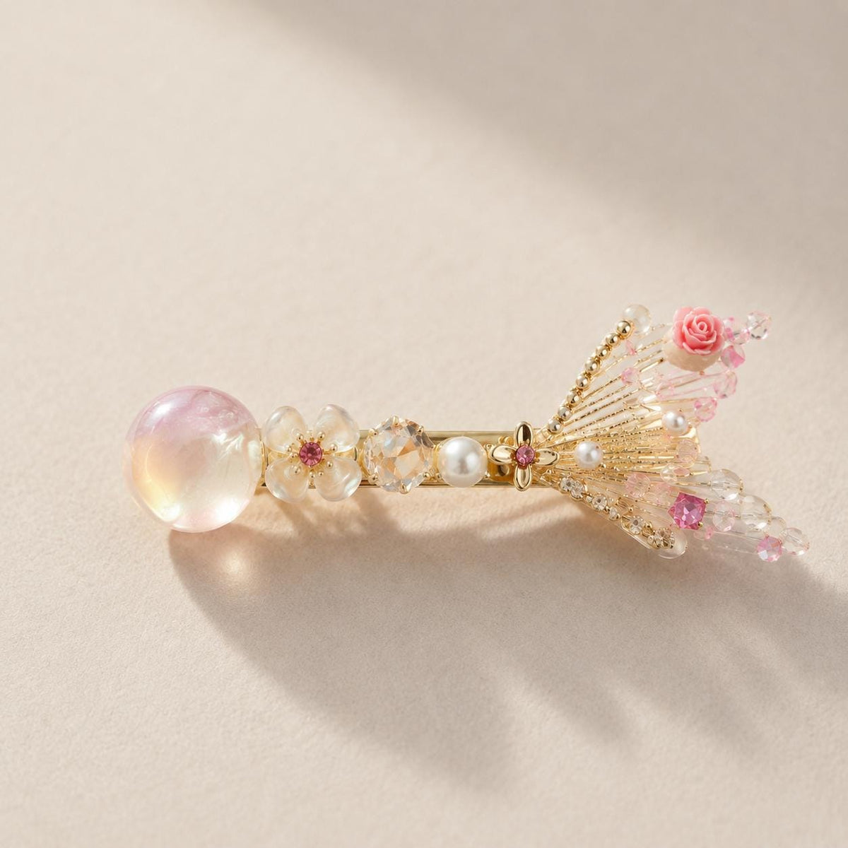 Mermaid Tail Hair Clip, Pink Rose Crystal Barrette, Aurora Coquette Hair Accessory, Cute Gift for Her