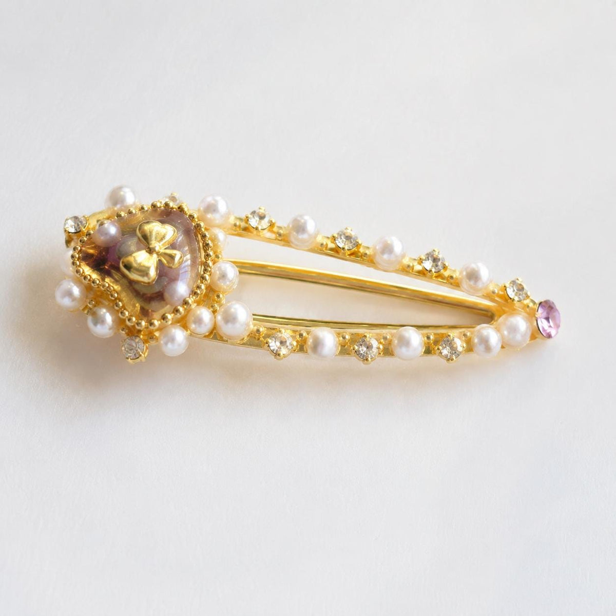 Pearl Heart Bow Hair Clip, Gold Baroque Crystal Barrette, Pink Seashell Snap Clip, Coquette Hair Accessory, Gift for Her