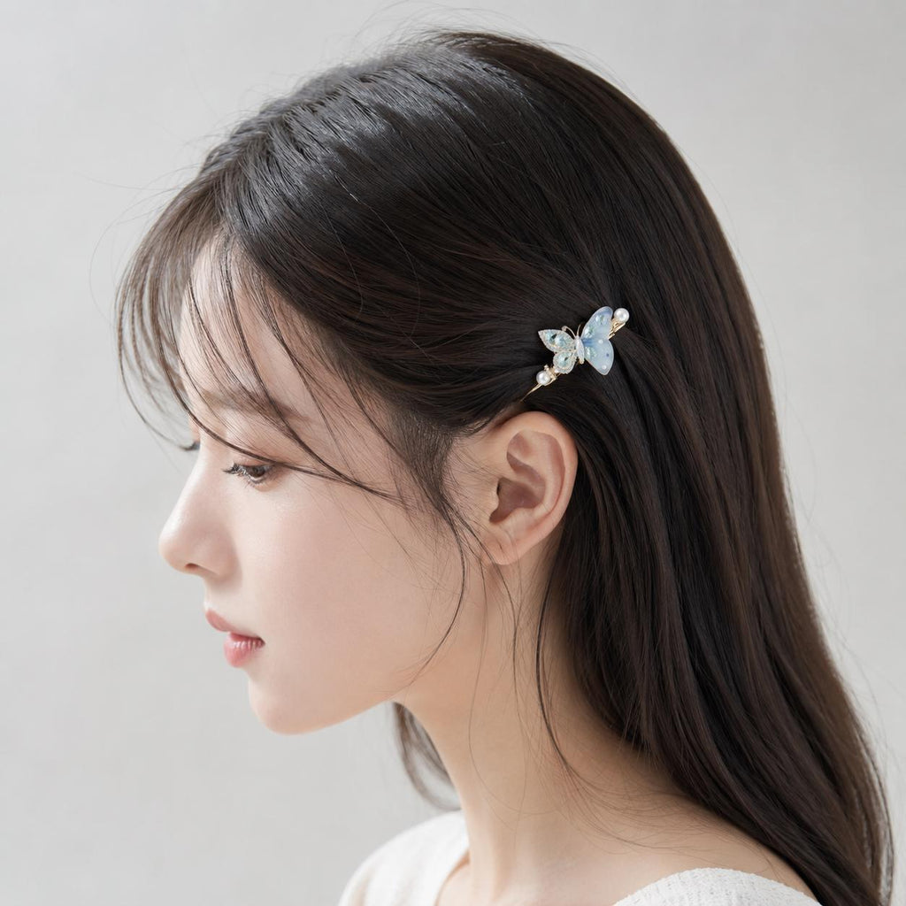 Pastel Blue Butterfly Hair Clip, Aquamarine Crystal Pearl Barrette, Elven Fairycore Mermaid Jewelry