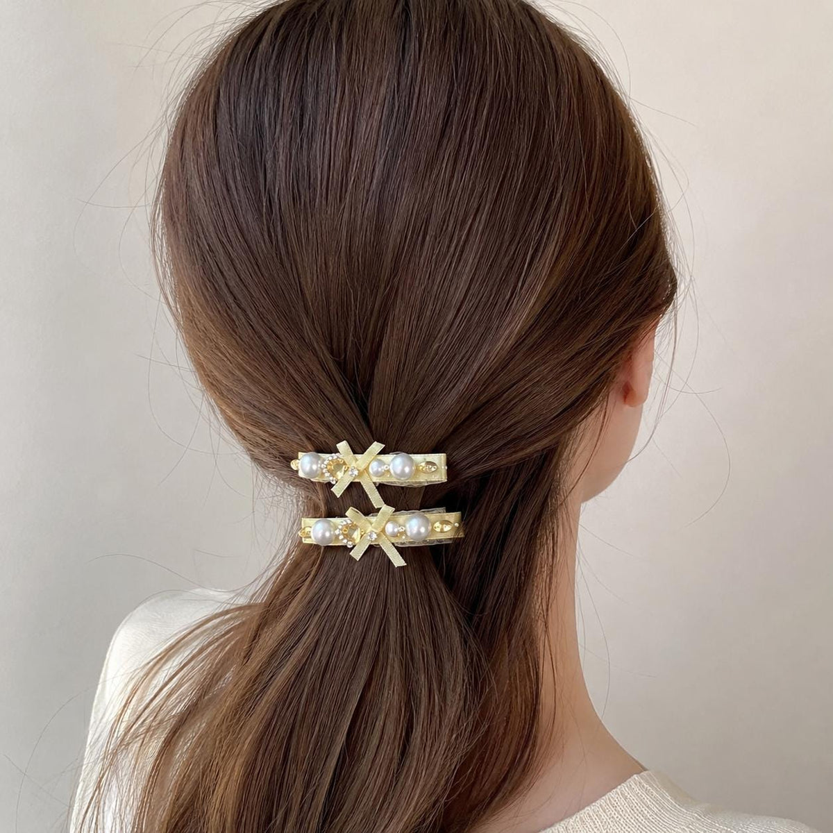Yellow Lolita Bow Hair Clips, Pastel Lace Barrette Set, Crystal Heart Pearl Alligator Clips, Balletcore Hair Accessories, Gift for Her