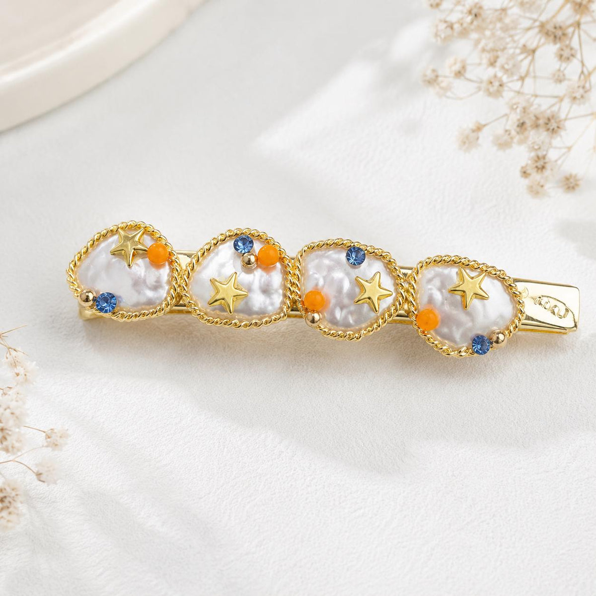 Baroque Pearl Star Hair Clip, Celestial Ocean Barrette, Orange Blue Crystal Mermaid Hair Accessory, Gift for Her