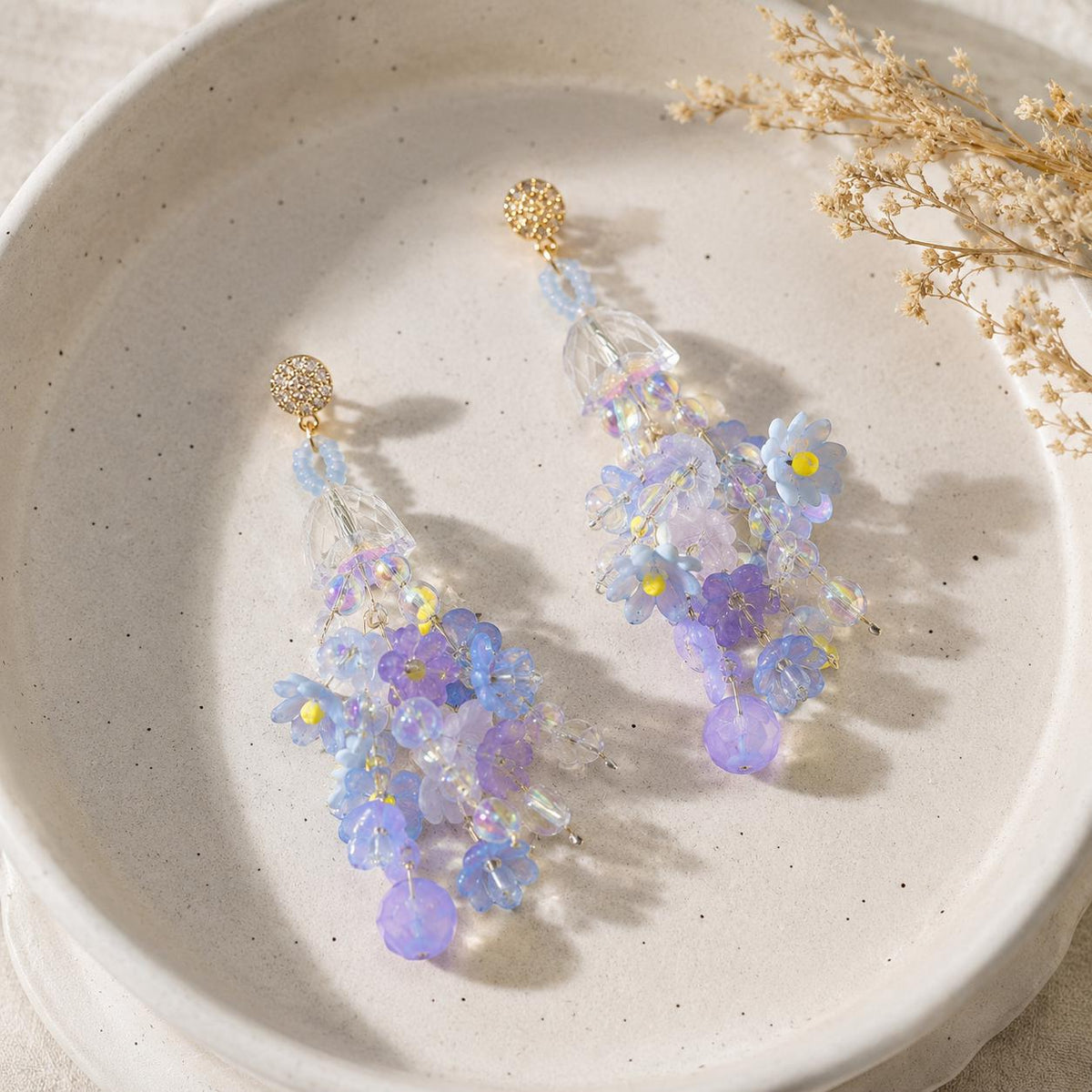 Pastel Blue Forget Me Not Chandelier Earrings, 3D Acrylic Flower Tassel Dangle
