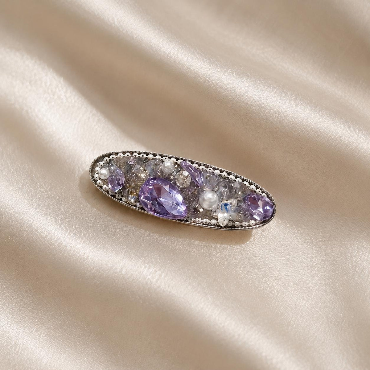 Purple Crystal Barrette, Amethyst Resin Hair Clip, Oval Silver Mosaic Alligator Pinch, Whimsical Vintage Elven Fairycore Hair Accessories