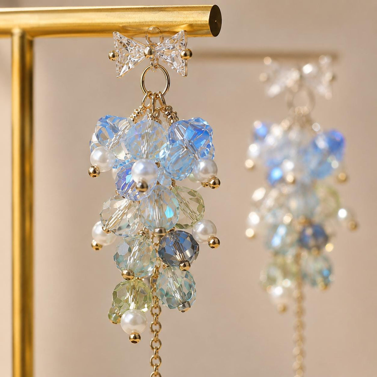 Light Blue Crystal Cluster Earrings, Rhinestone Bowknot Studs, Pearl Tassel Jewelry