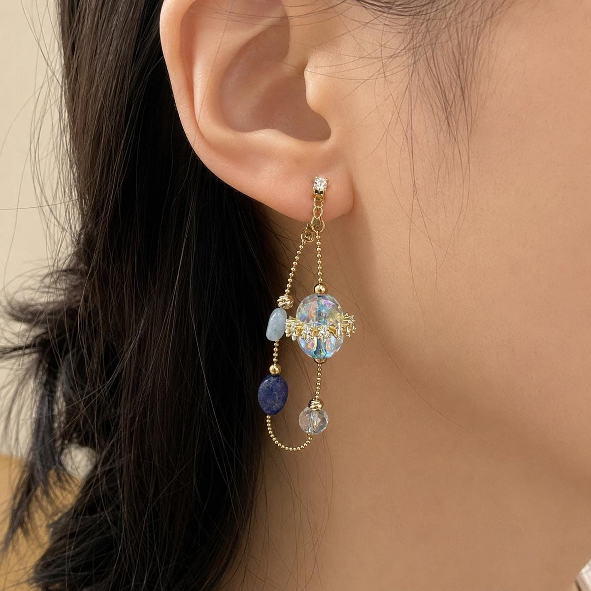 Iridescent Blue Dangle Earrings, Gold Butterfly Chain Earrings, Fairycore Crystal Drop Earrings, Handmade Beaded Jewelry Gift for Her
